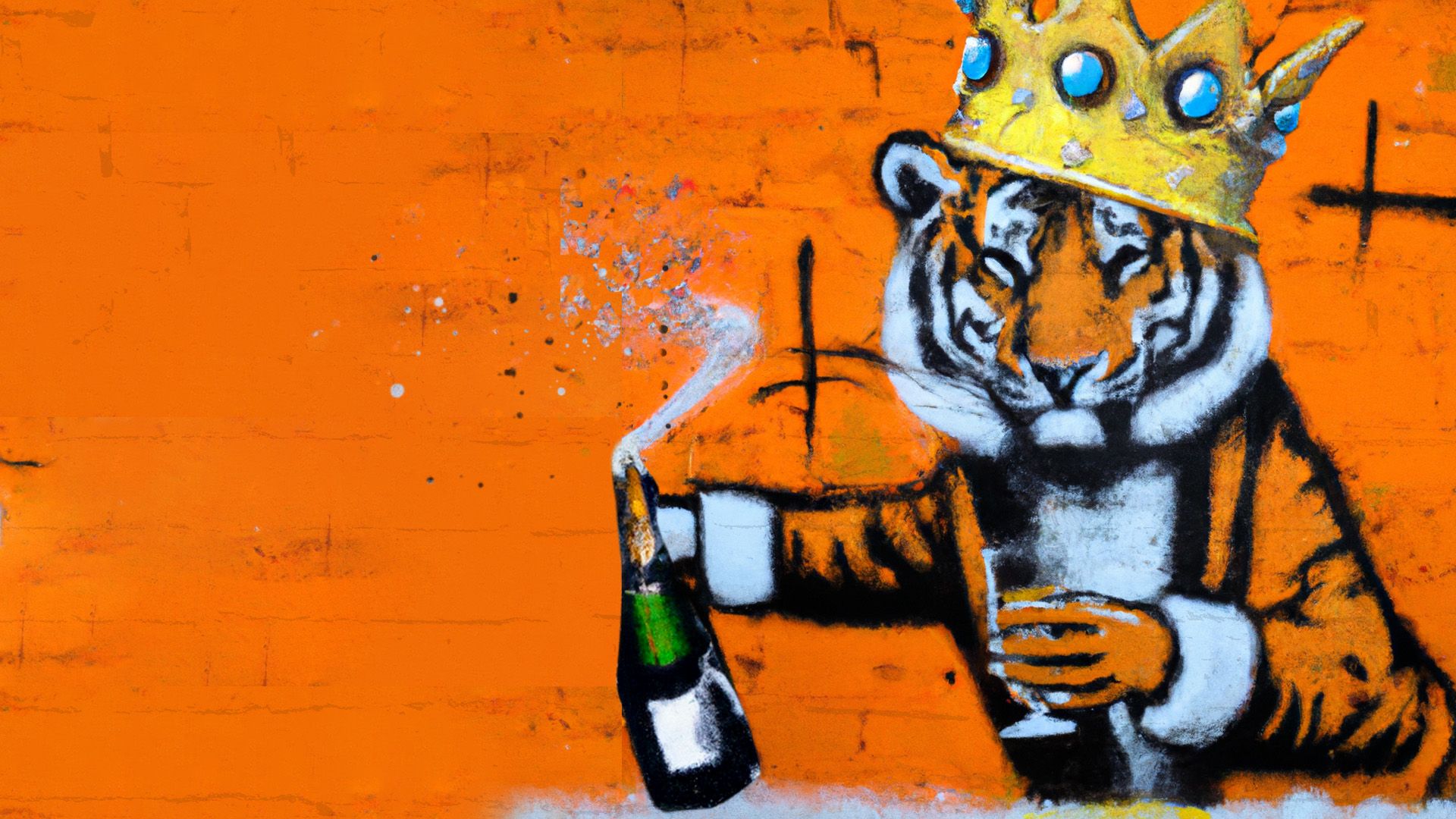 Graffiti of a tiger drinking champagne 