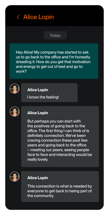screenshot of discussion between alice lopin and member