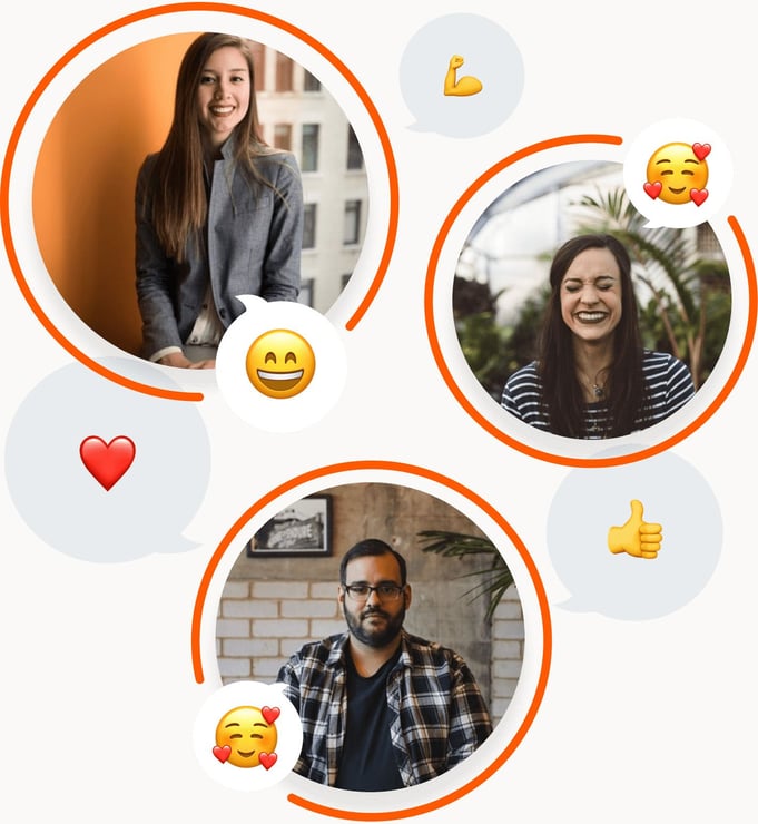 rounded photos of happy tigerhall customers and emojis