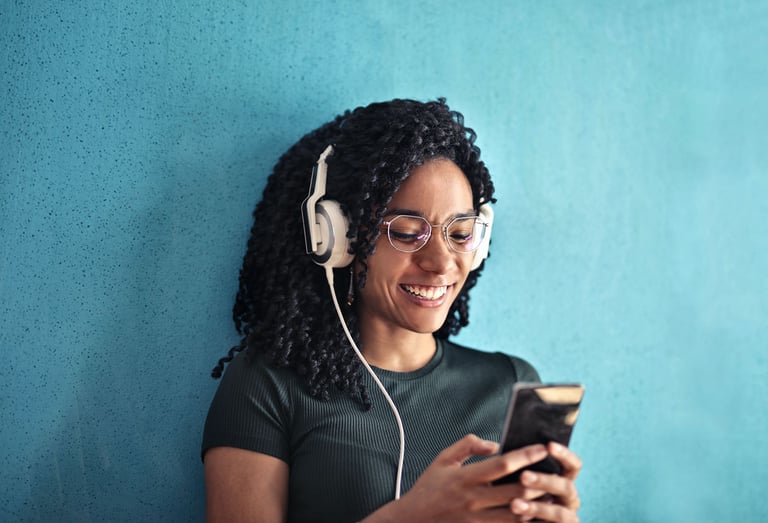 Woman listening to a podcast